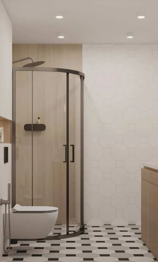 Современный интерьер с яркими акцентами и геометрическими формами