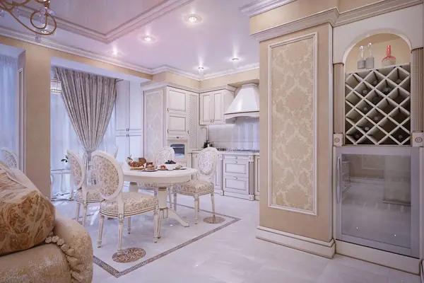 Gold and creamy traditional living room and kitchen