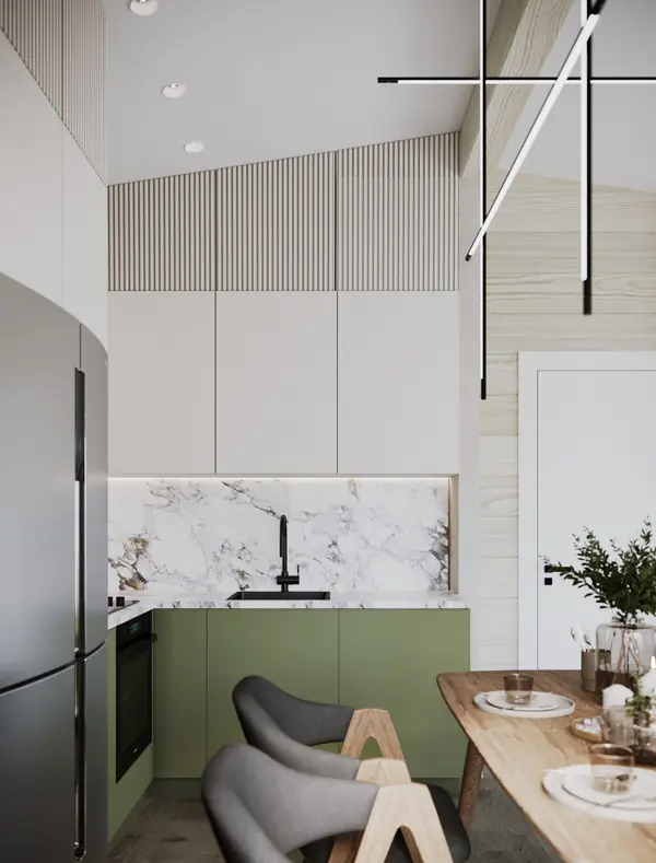 Дизайн кухни-гостиной в доме из бруса