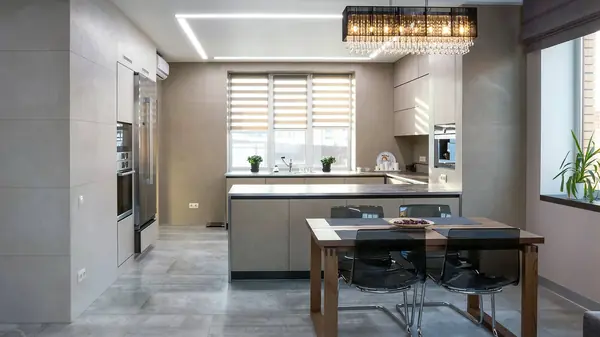 Кухня-гостиная из керамики, текстуры камень, цемент, металл