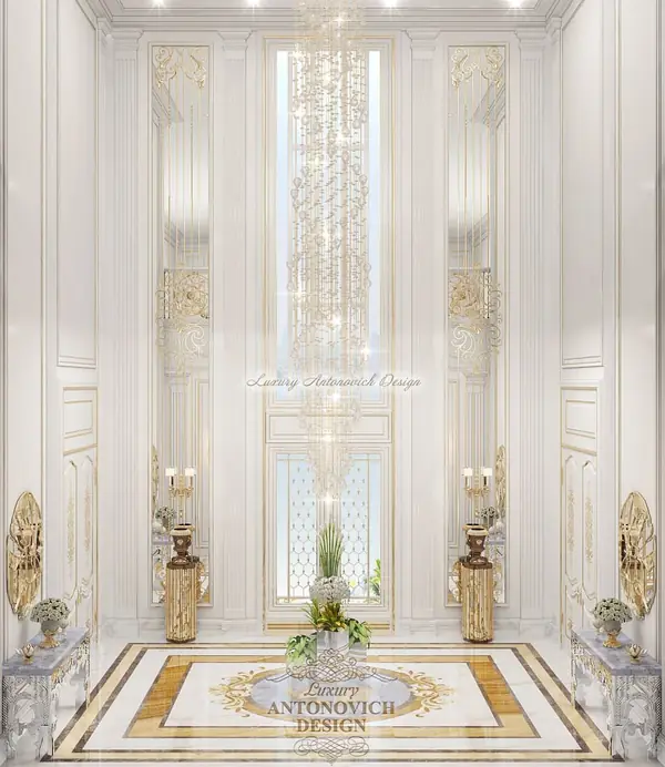 Элитный проект холла с художественным мрамором и витражом