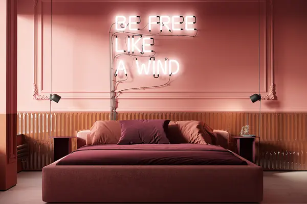 Warm Modern Bedroom with Neon Accents