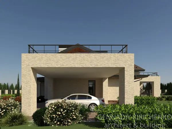 Проект двухэтажного дома с мансардой и навесом под два авто.