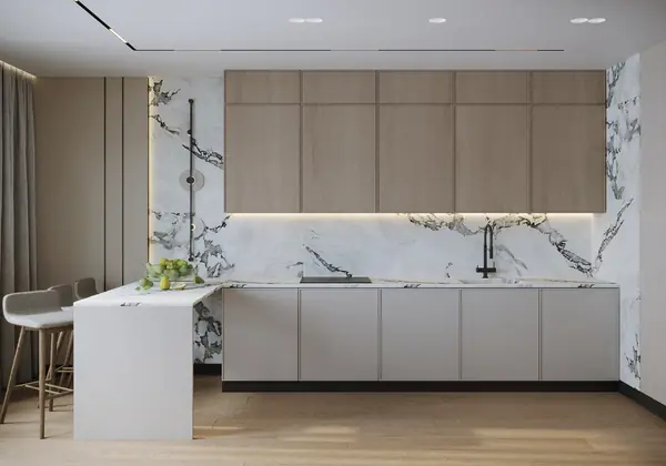 Дизайн кухни-гостиной в природных цветах