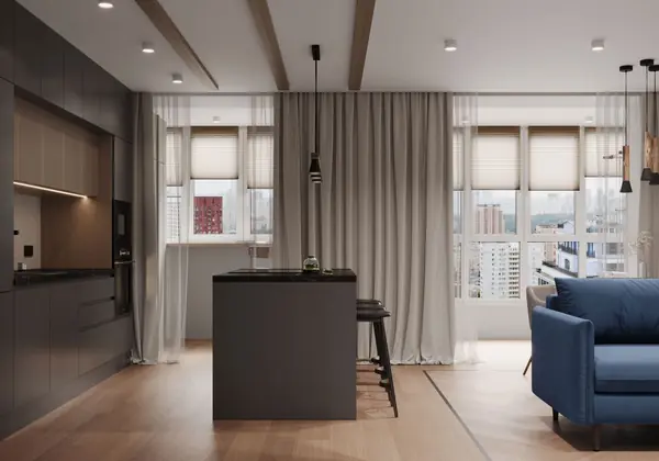 Современный интерьер с яркими акцентами и геометрическими формами