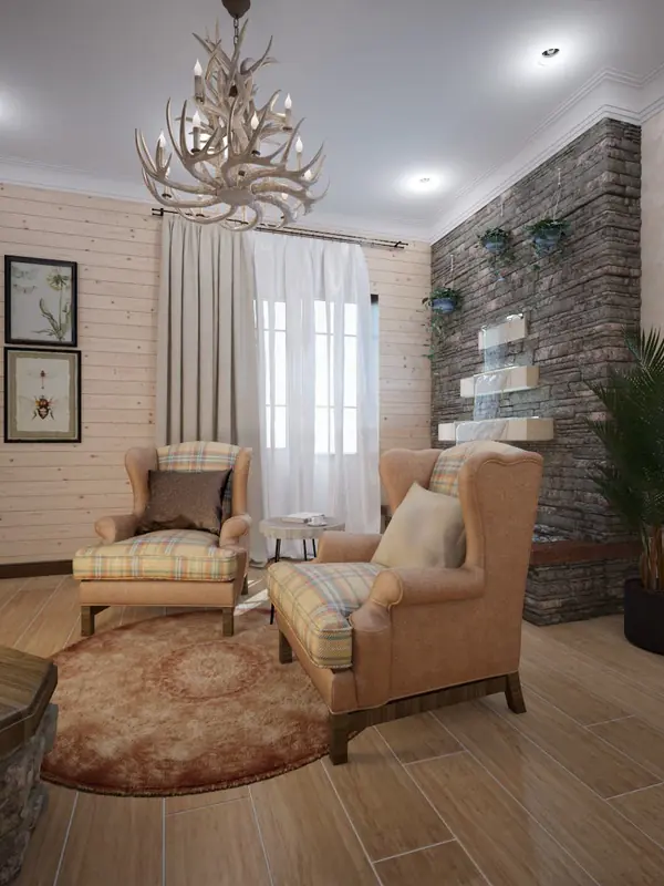 Дом в Щекино. Комната отдыха и лестничное пространство