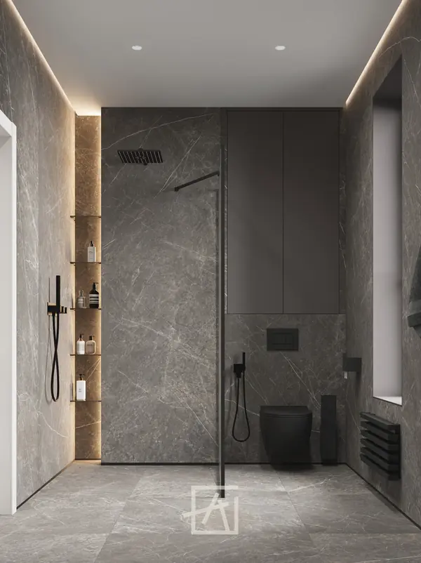 Минималистичный дизайн ванной комнаты в имитации камня