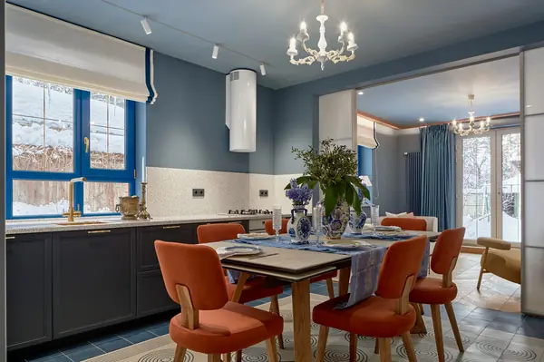 Гжель и маркетри, кухня-гостиная