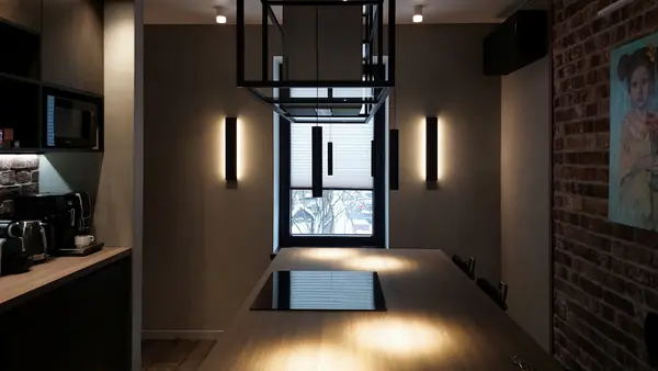 Лофт в квартире фотографа: кухня и холл, 103 кв. м.