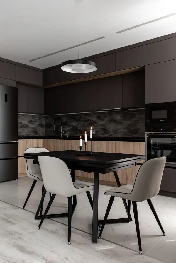 Большая угловая кухня в цвете графит с тонкой столешницей из компакт-плиты