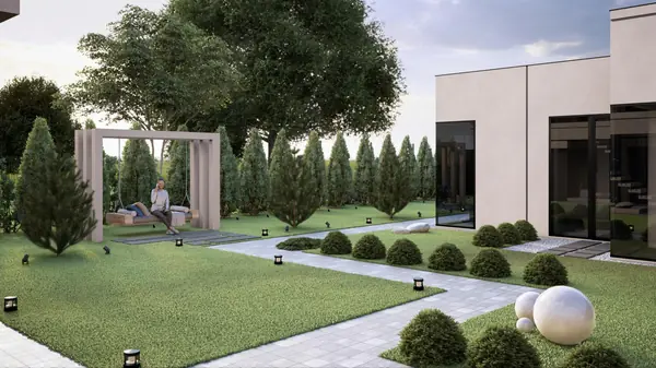 Проект фасада  и ландшафта для дома с плоской крышей