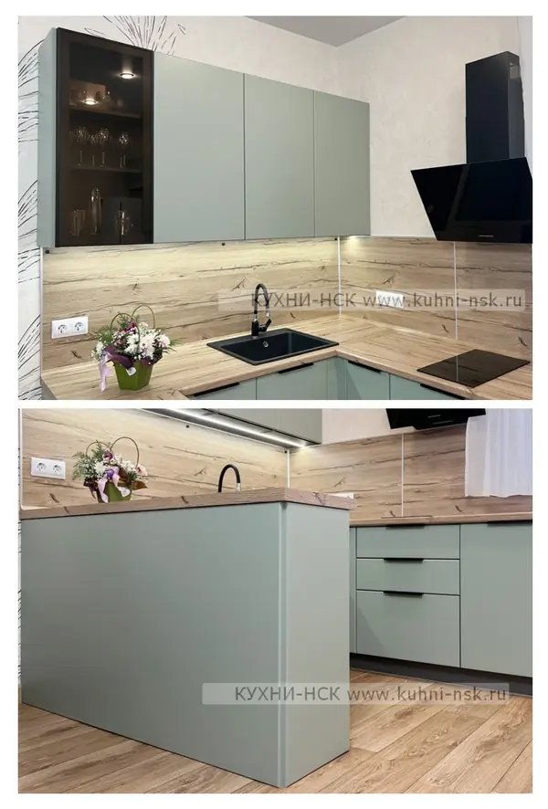 Современная кухня на заказ в нежно-зеленом оттенке