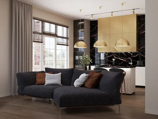 Кухня-гостиная в новом проекте дизайнера Дианы Винокуровой.