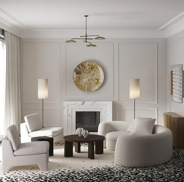 Интерьер квартиры с камином и необыкновенной спальней.