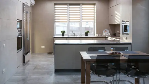 Кухня-гостиная из керамики, текстуры камень, цемент, металл