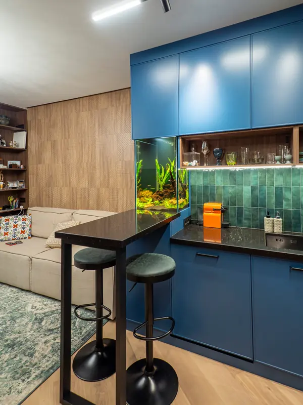 Кухня в современном стиле со встроенным аквариумом