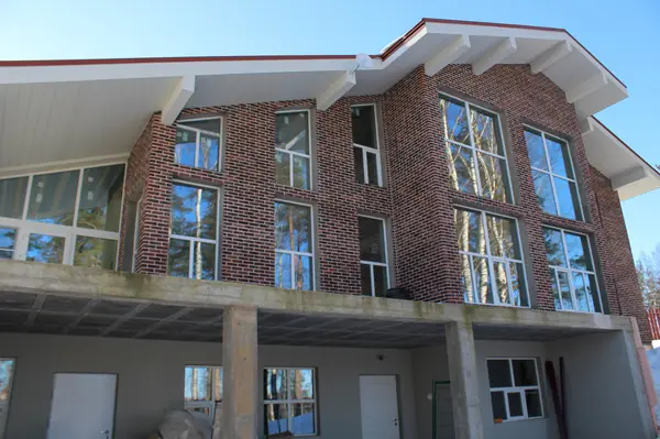 Большой загородный дом с видом на лес.