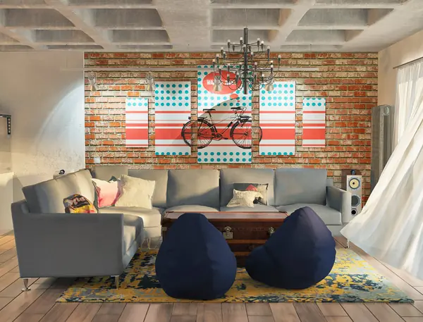 Интерьер трёхкомнатной квартиры. Лофт.