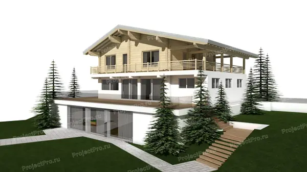 S-021. Трехуровневый дом из клееного бруса и блока АГБ на сложном рельефе