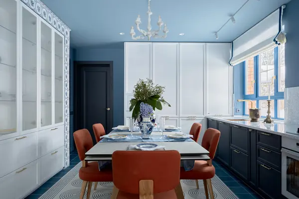 Гжель и маркетри, кухня-гостиная