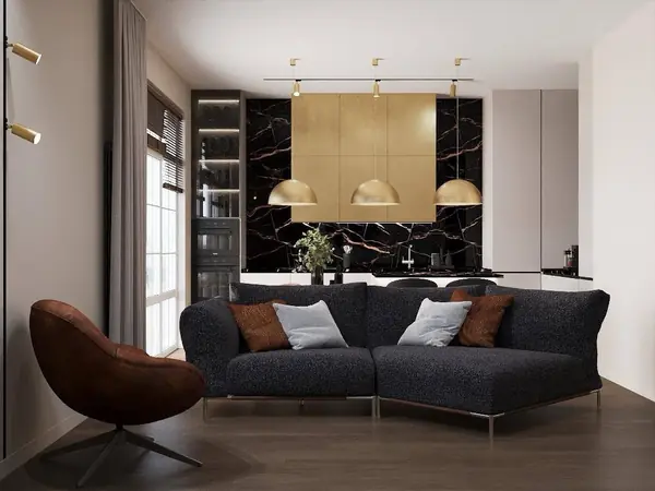 Кухня-гостиная в новом проекте дизайнера Дианы Винокуровой.