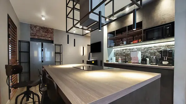 Лофт в квартире фотографа: кухня и холл, 103 кв. м.