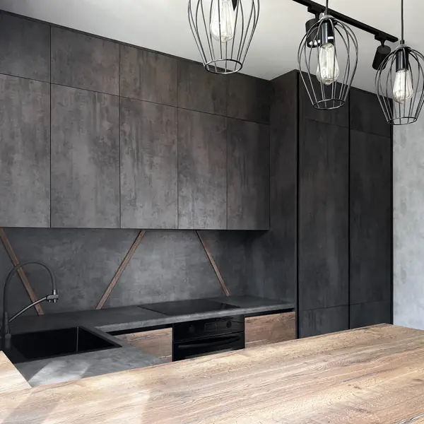 Встроенная темная кухня в стиле лофт с барной стойкой