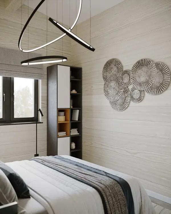 Стильный дизайн спальни в доме из бруса