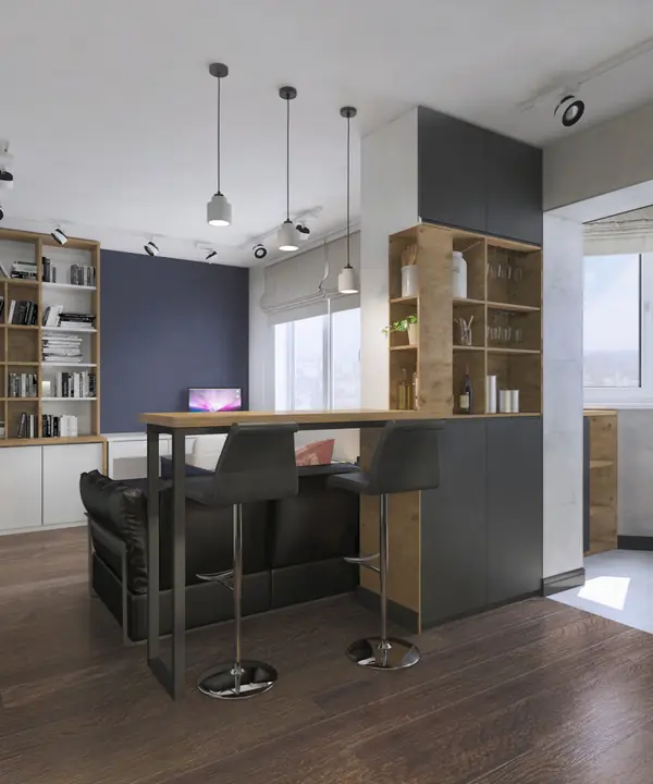 Минималистичный дизайн интерьера однокомнатной квартиры: кухня-гостиная