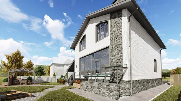 Проект дома с мансардой и гаражом в цокольным этаже