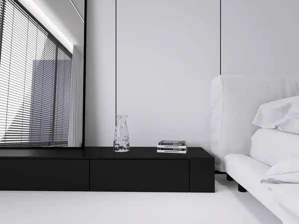 Белая спальня в стиле минимализм.  Основная чертами этой спальни это большая гар