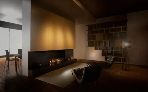 Гостиная с биокаминам Decoflame встроенным под телевизором Decoflame (Дания)