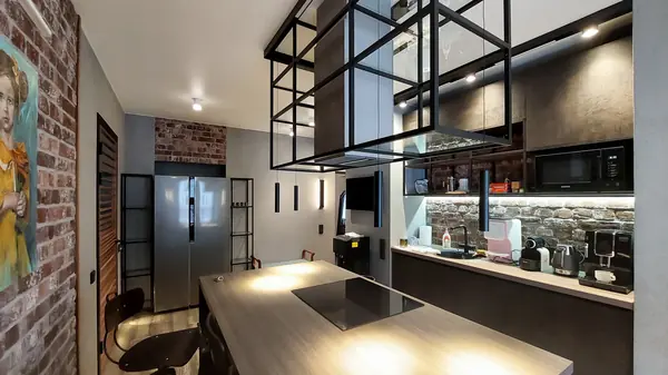 Лофт в квартире фотографа: кухня и холл, 103 кв. м.