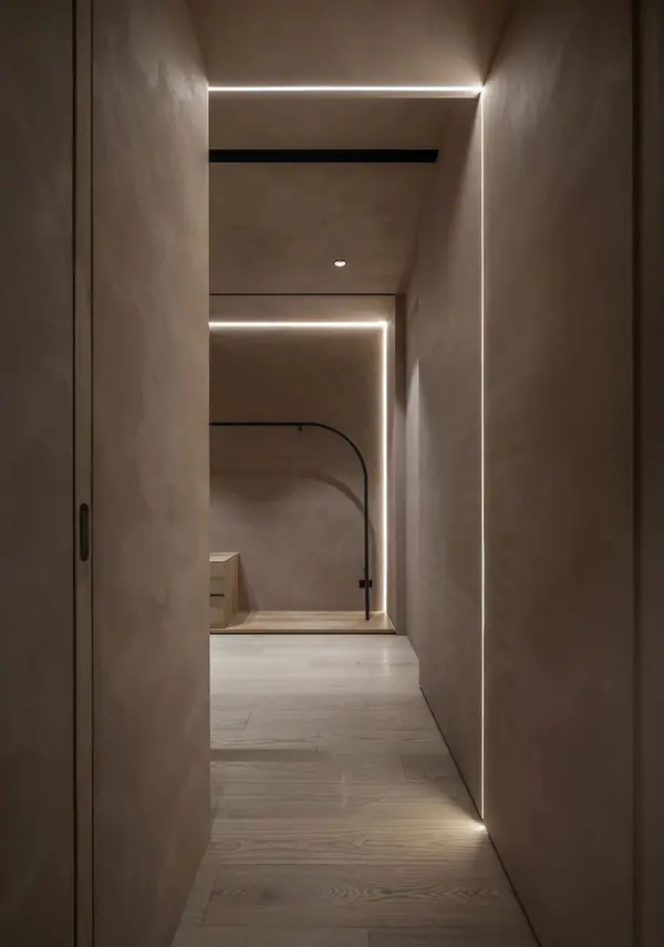 Современная спальня с гардеробной: декоративная штукатурка с эффектом арт-бетон