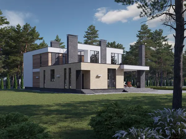 Проект современного дома со вторым светом и бассейном