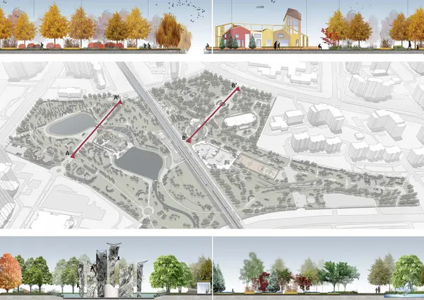 фасады по основным маршрутам парка осенью и летом