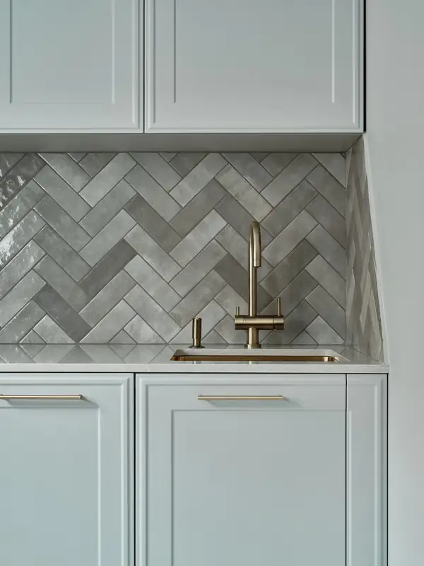 Белая кухня серый фартук