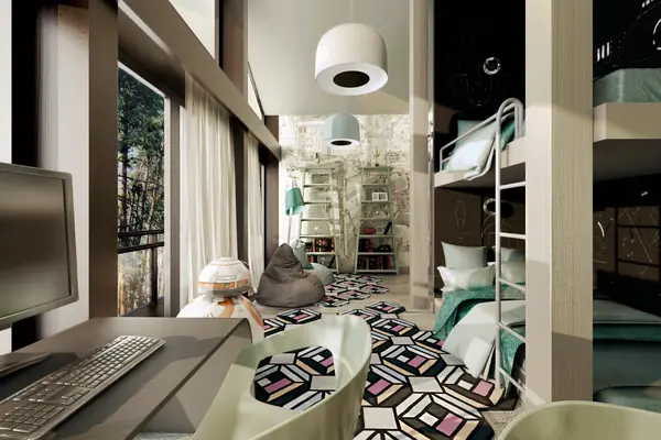 A room for boys in a glass house/ Детская спальня в стеклянном доме.