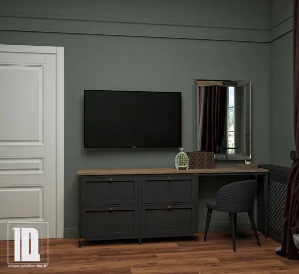 Спальня гостиничного номера, ТВ зона, туалетный столик