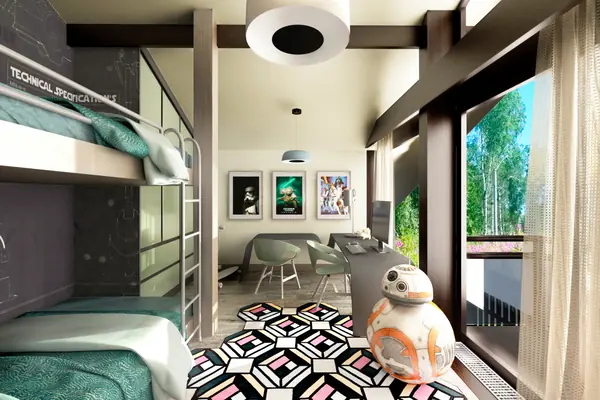 A room for boys in a glass house/ Детская спальня в стеклянном доме.