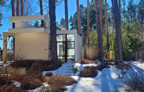 Маленький сад между большими соснами.