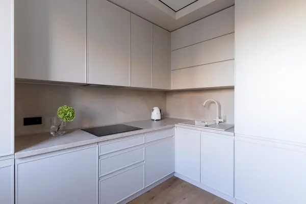 Монохромная кухня до потолка с интересными решениями