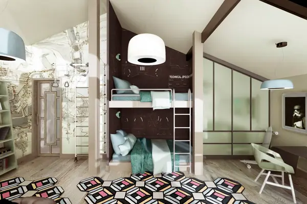 A room for boys in a glass house/ Детская спальня в стеклянном доме.