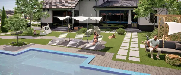 Фасад и ландшафт дачного домика