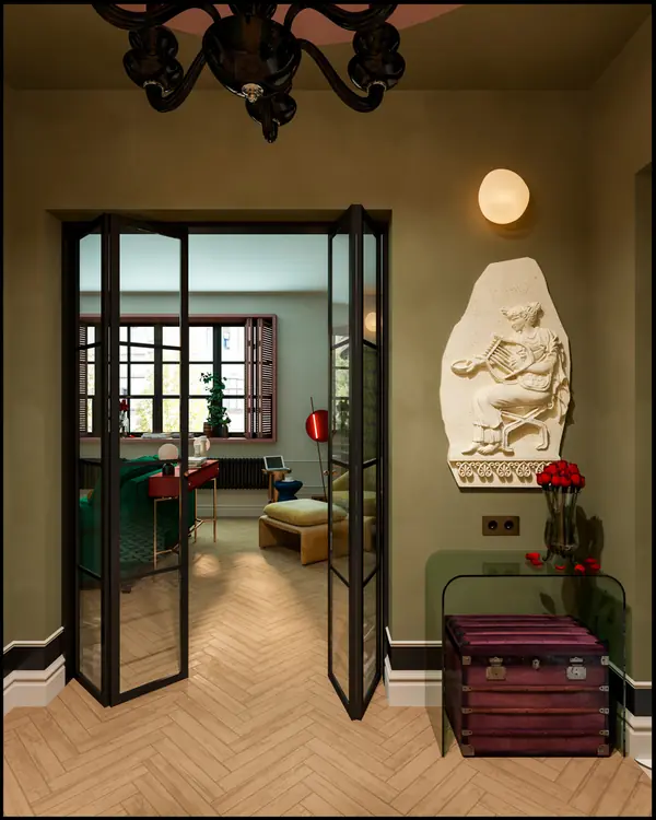 Эклектичный проект квартиры с огромной гардеробной с окном