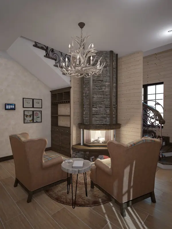 Дом в Щекино. Комната отдыха и лестничное пространство