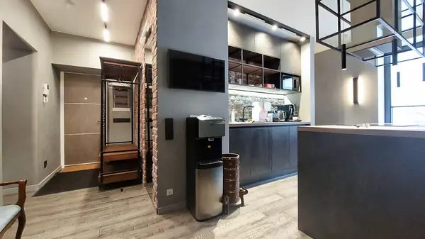 Лофт в квартире фотографа: кухня и холл, 103 кв. м.