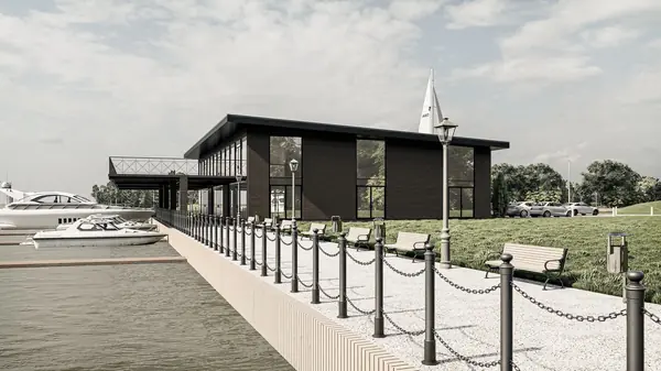 Проект небольшой пристани со зданием ресторана на берегу реки Волги