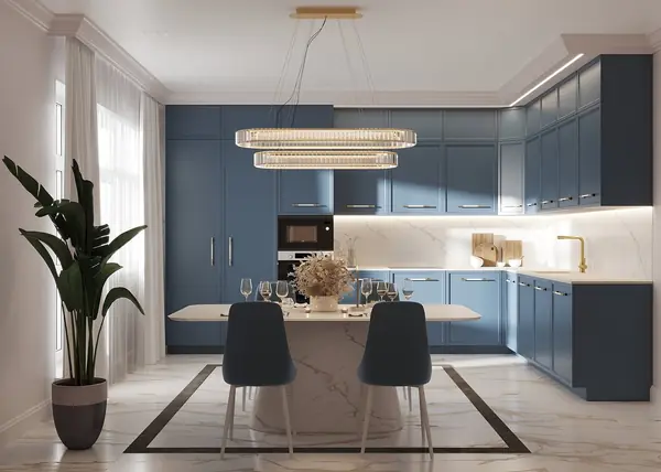 Кухня с фасадами благородного синего цвета