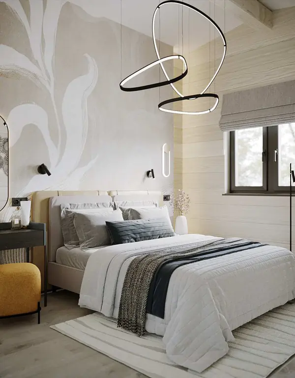 Стильный дизайн спальни в доме из бруса